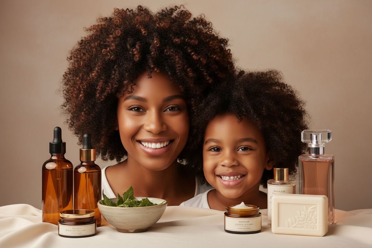 Black woman and child with textured hair and A&M Boutik products